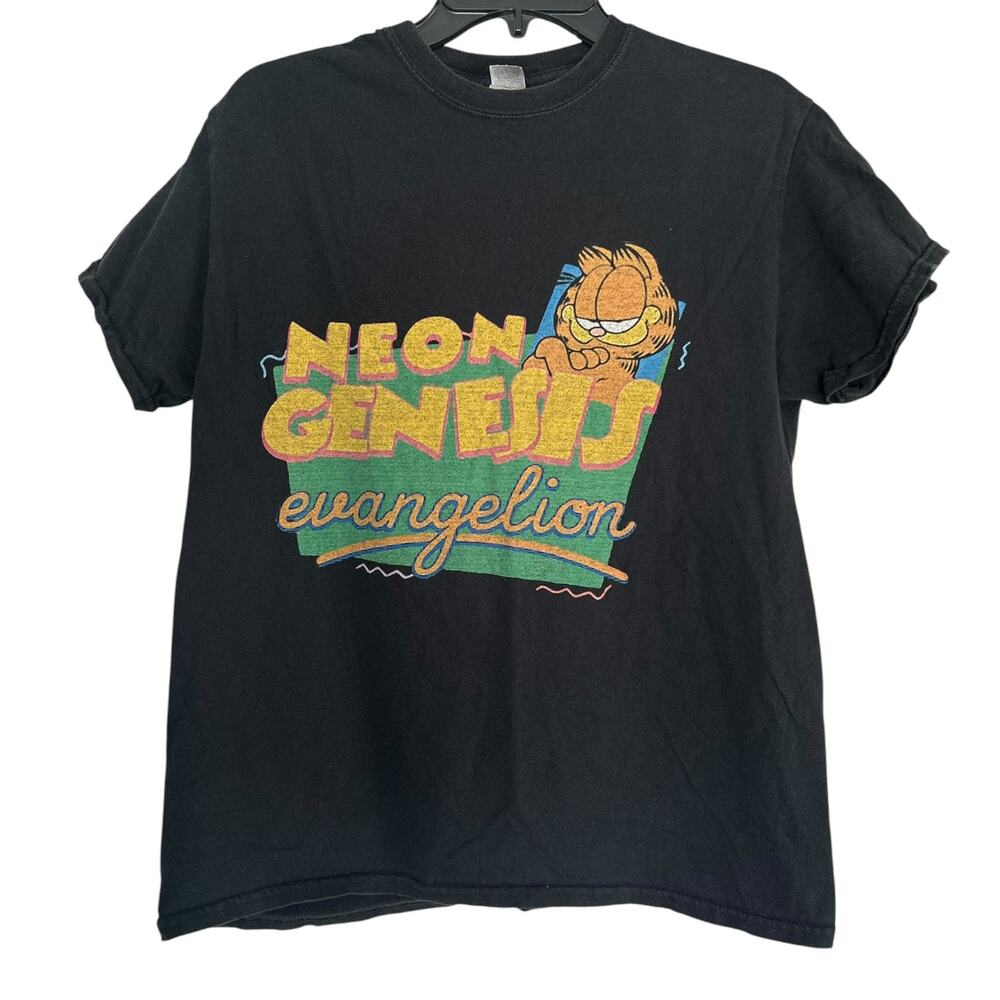 Garfield Neon Genesis Evangelion Parody Graphic T-Shirt Black Size Medium